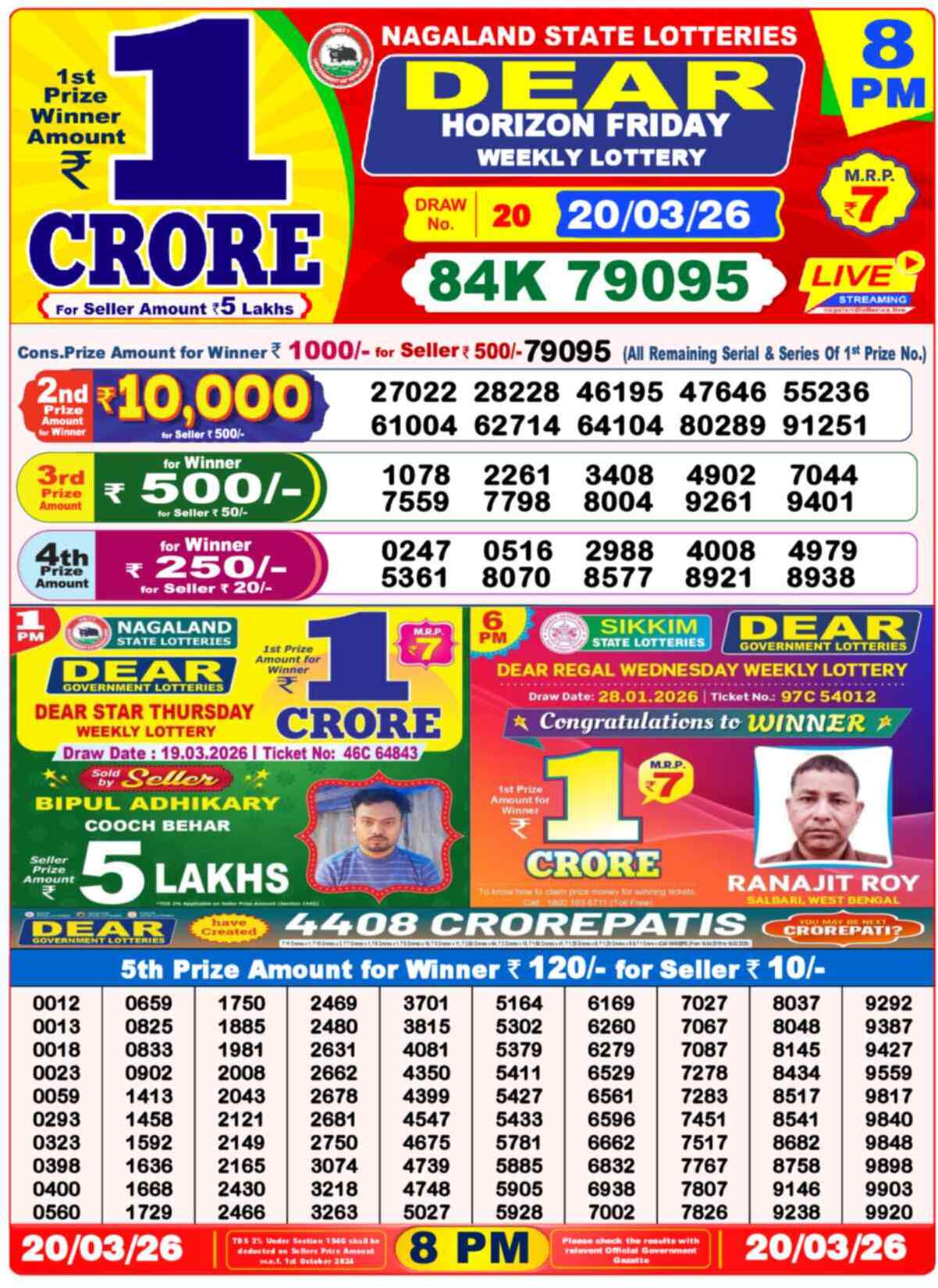 Dear Lottery Result Today 8 PM 20 March 2026