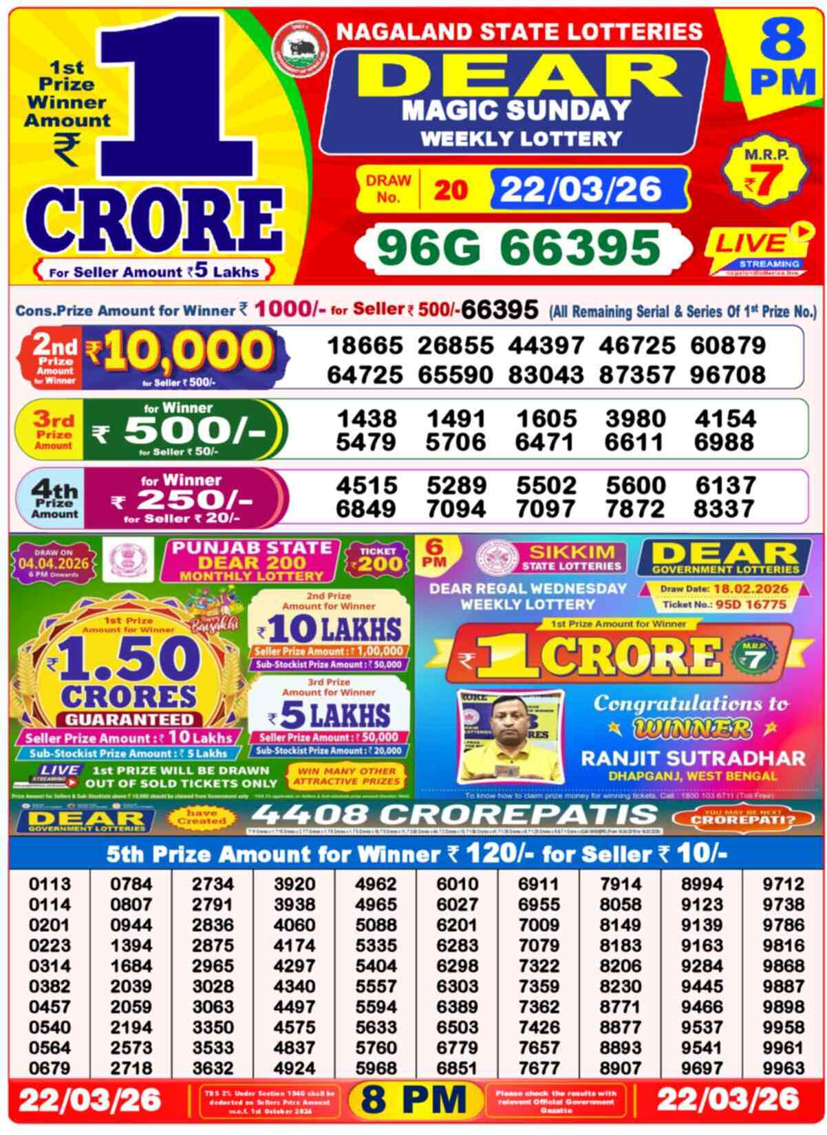 Dear Lottery Result Today 8 PM 22 March 2026