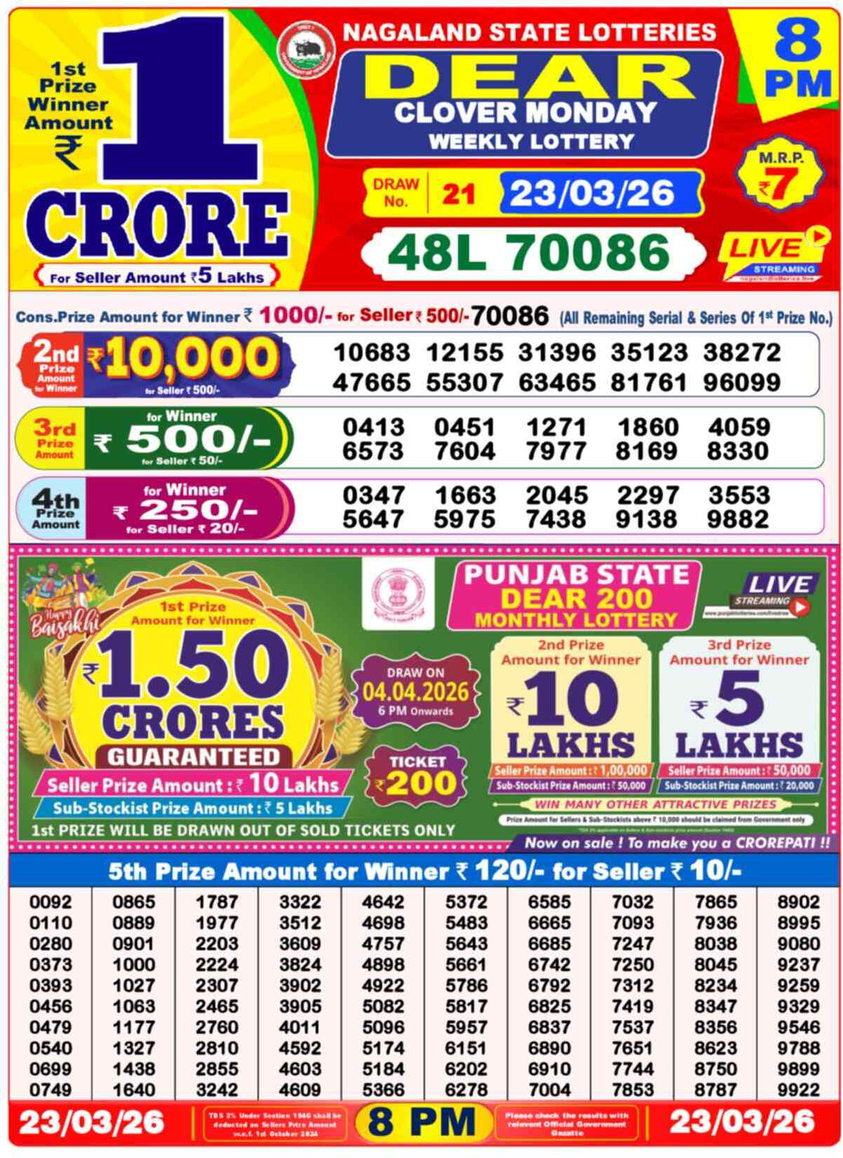Dear Lottery Result Today 8 PM 23 March 2026
