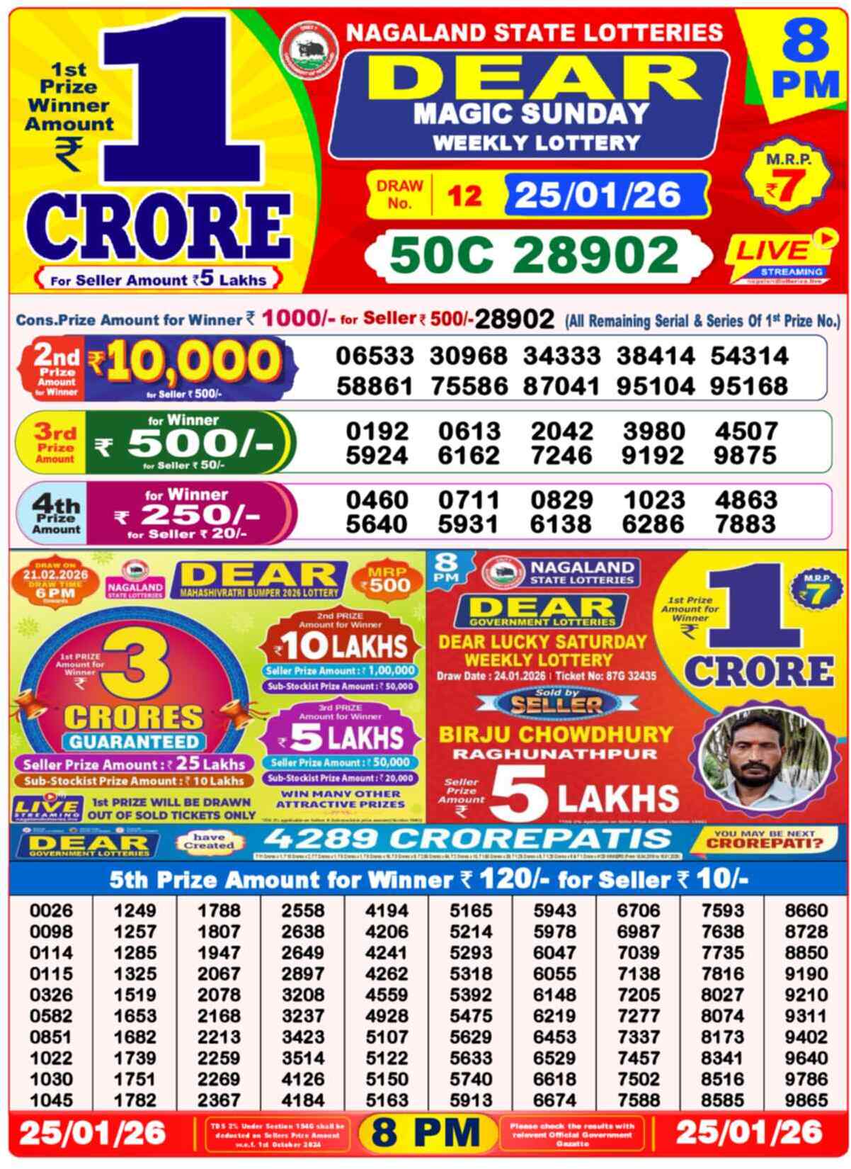 Dear Lottery Yesterday Sambad Result 8:00 PM 26 January 2026