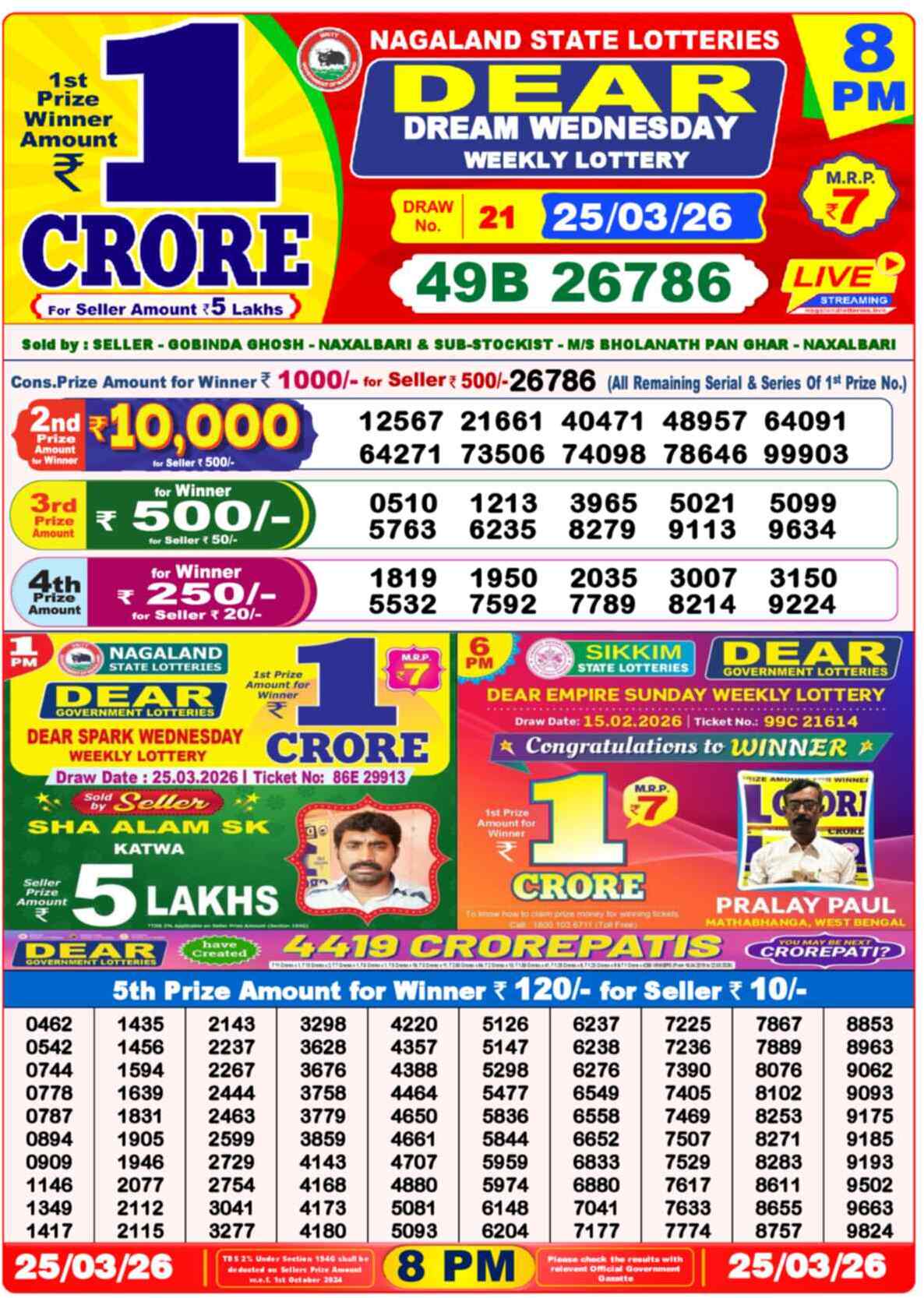 Dear Lottery Result Today 8 PM 25 March 2026