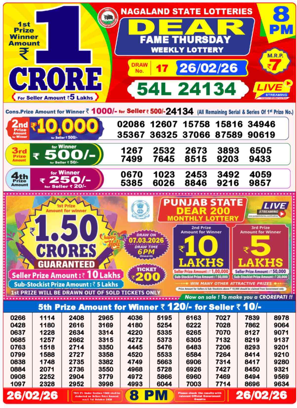 Dear Lottery Result Today 8 PM 27 February 2026
