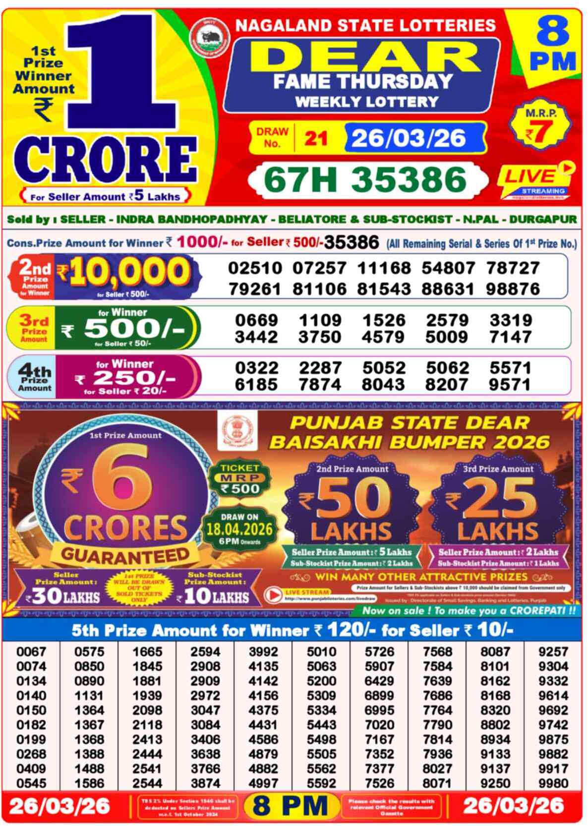 Dear Lottery Result Today 8 PM 26 March 2026