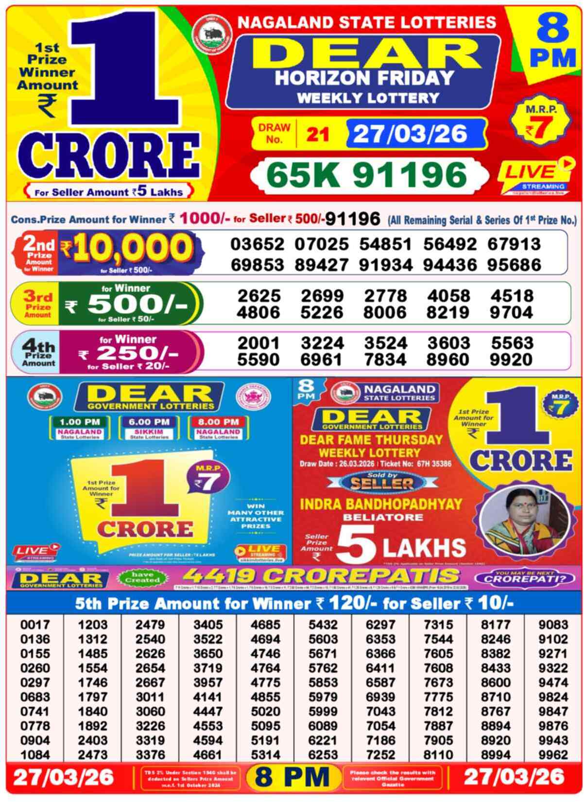 Dear Lottery Yesterday Sambad Result 8:00 PM 27 March 2026