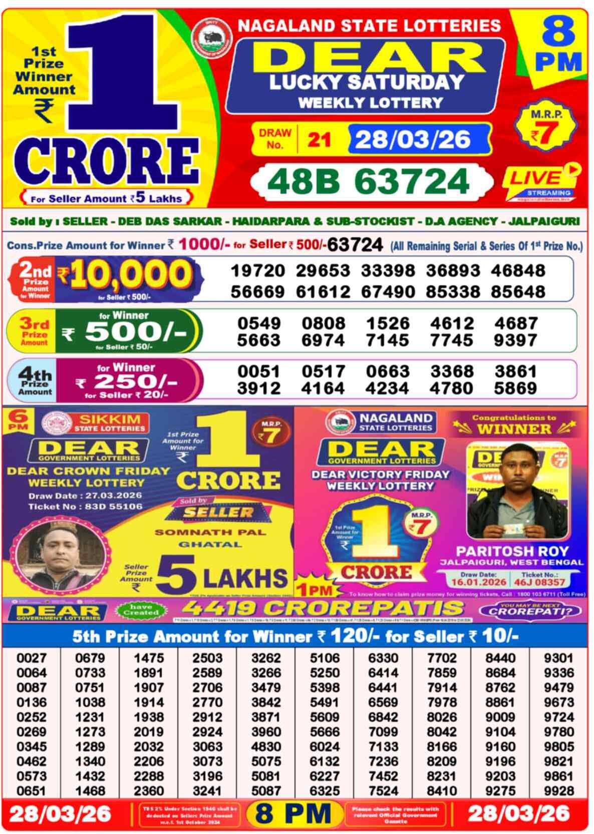 Dear Lottery Result Today 8 PM 28 March 2026