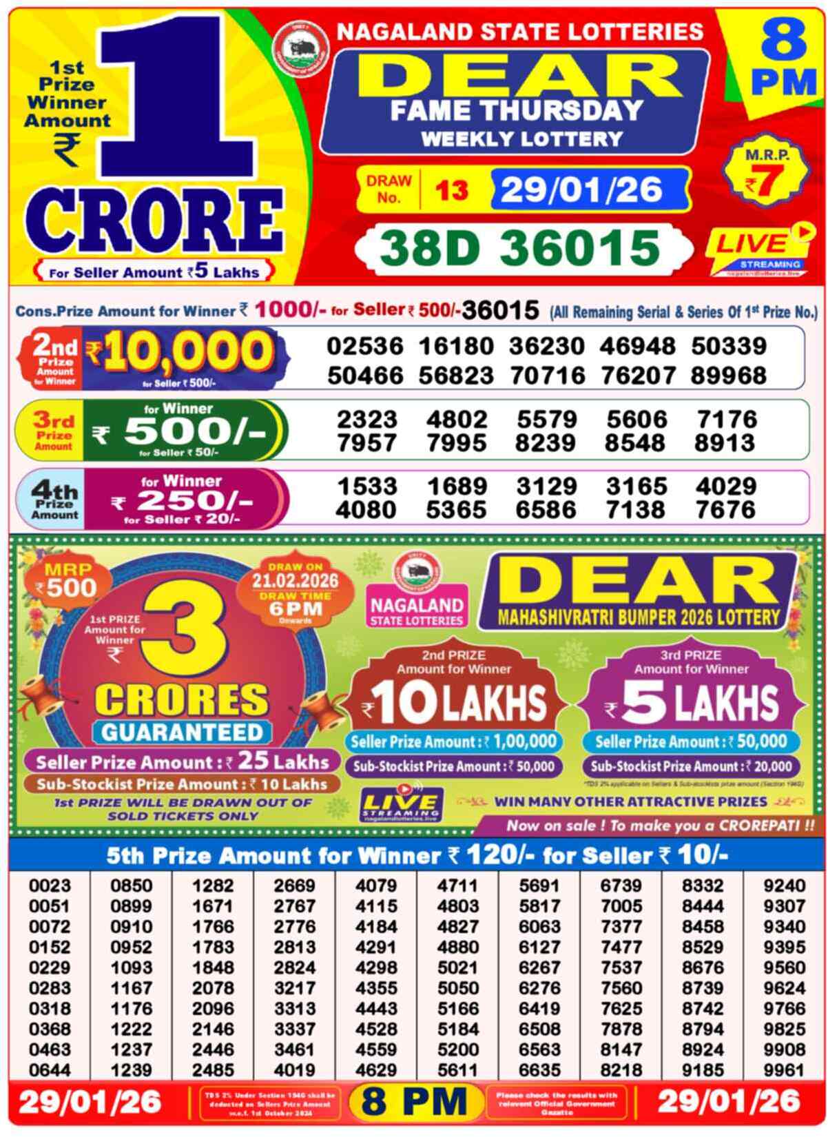 Dear Lottery Yesterday Sambad Result 8:00 PM 29 January 2026