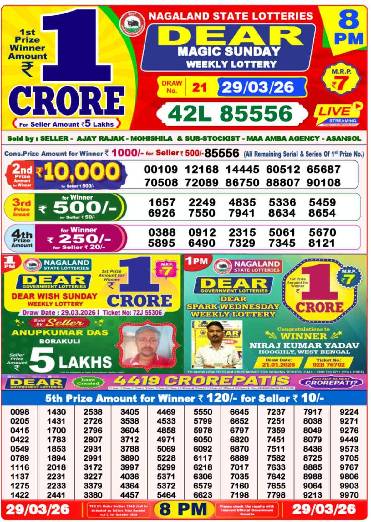 Lottery Sambad 29.03.26 Dear Lottery 8 PM March 29, 2026