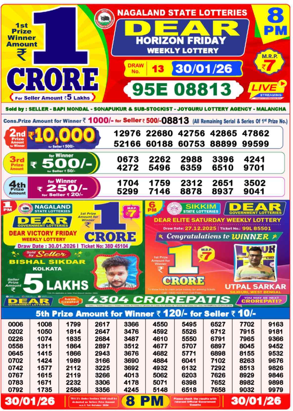 Dear Lottery Yesterday Sambad Result 8:00 PM 30 January 2026