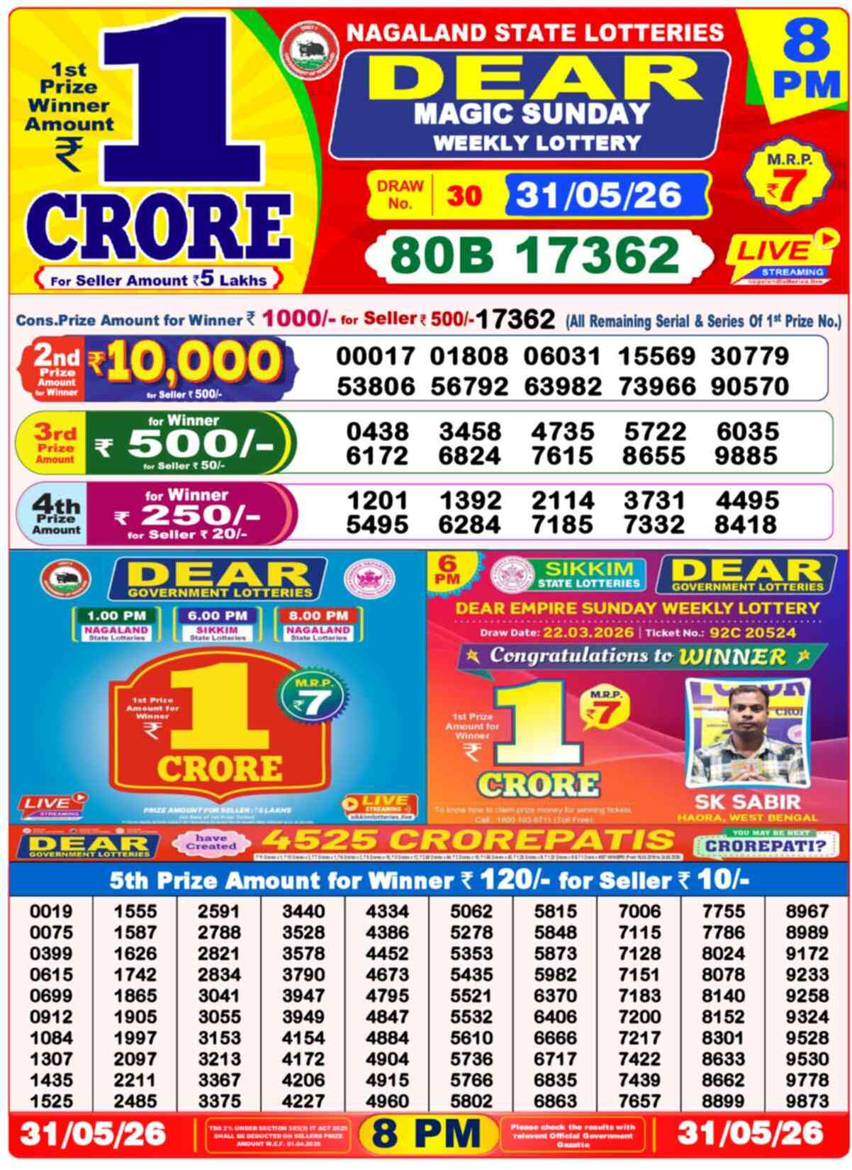 Lottery Sambad 31.05.26 Dear Lottery 8 PM May 31, 2026