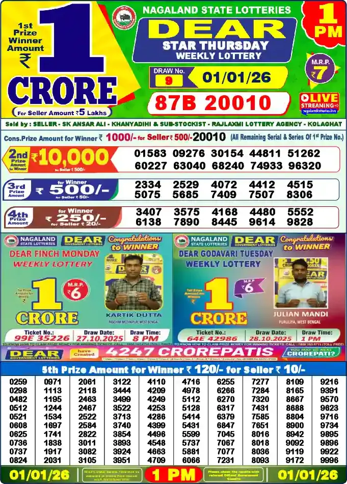 Lottery Sambad 01.01.26 Dear Lottery 1 PM January 01, 2026