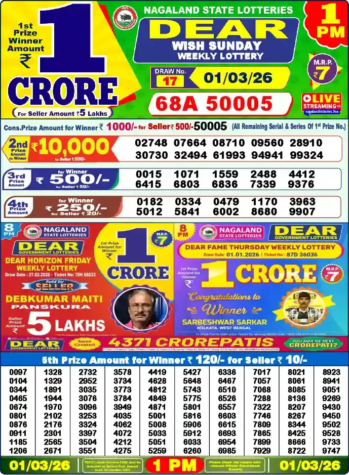 Lottery Sambad 01.03.26 Dear Lottery 1 PM March 01, 2026