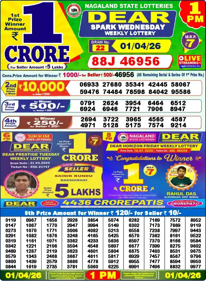 Lottery Sambad 01.04.26 Dear Lottery 1 PM April 01, 2026