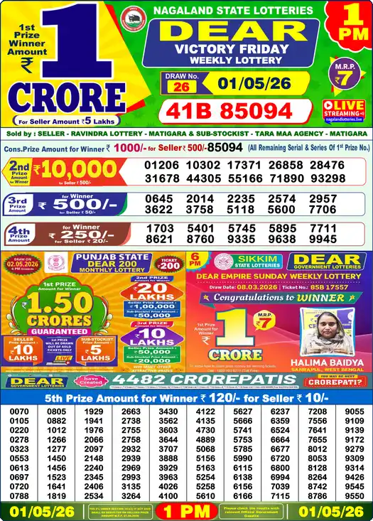 Lottery Sambad 01.05.26 Dear Lottery 1 PM May 01, 2026