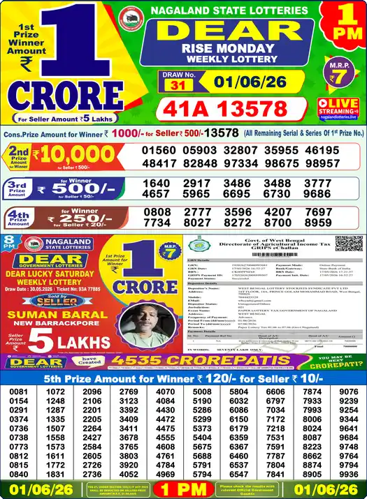Lottery Sambad 01.06.26 Dear Lottery 1 PM June 01, 2026
