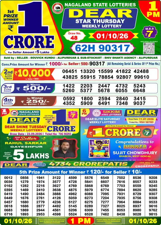 Dear Lottery Result 1 PM 01 October 2026