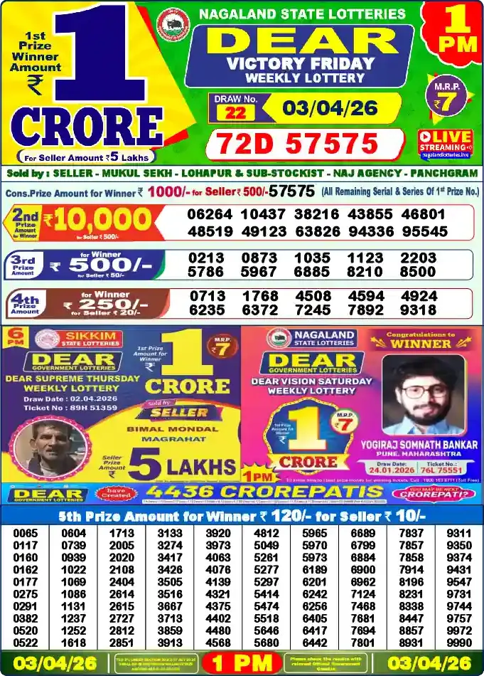 Lottery Sambad 03.04.26 Dear Lottery 1 PM April 03, 2026