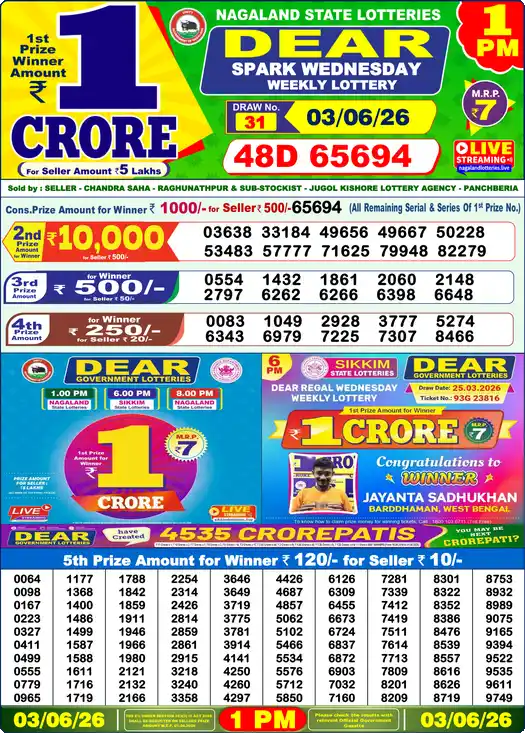 Lottery Sambad 03.06.26 Dear Lottery 1 PM June 03, 2026