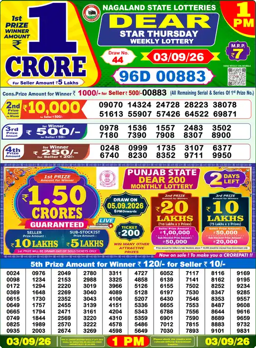 Dear Lottery Result 1 PM 03 September 2026