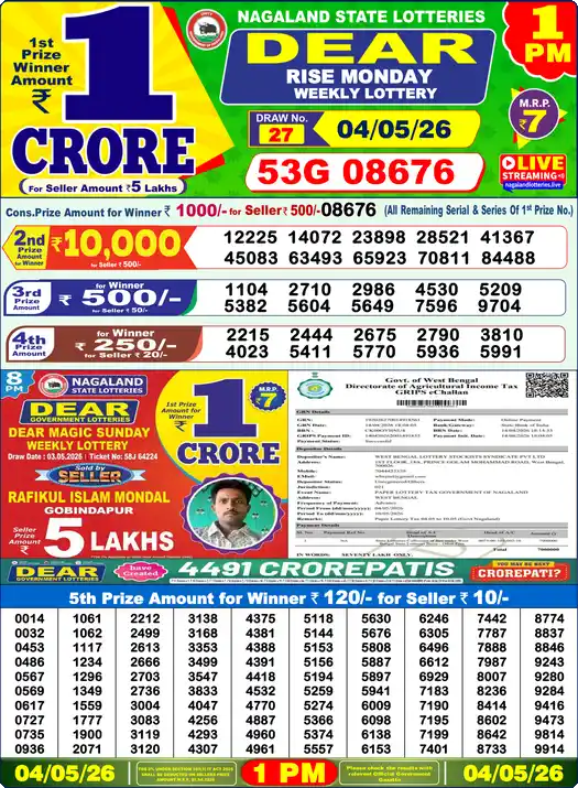 Dear Lottery Result Today 1 PM 04 May 2026