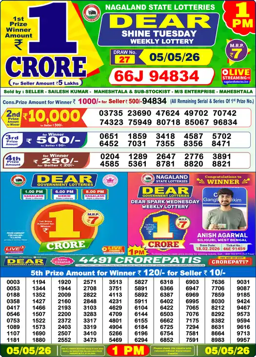 Dear Lottery Result Today 1 PM 05 May 2026
