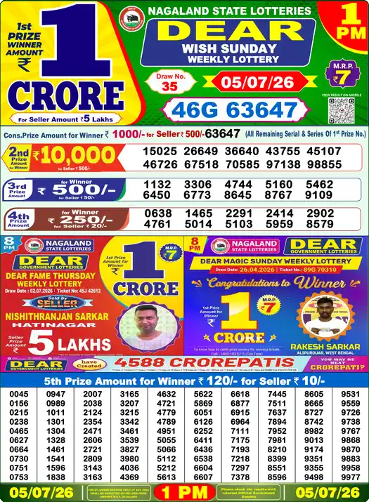 Dear Lottery Result 1 PM 05 July 2026