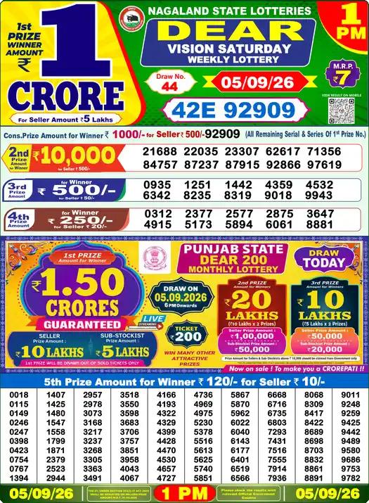 Dear Lottery Result Today 1 PM 05 September 2026