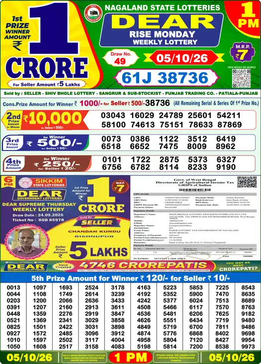 Dear Lottery Result 1 PM 05 October 2026