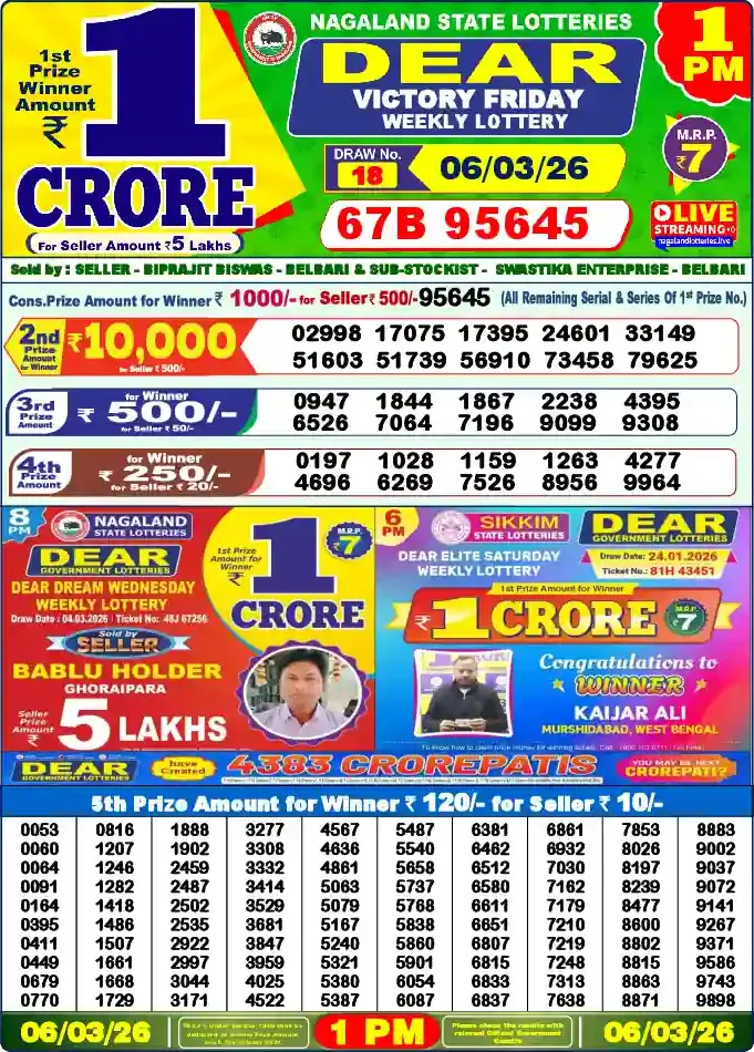 Lottery Sambad 06.03.26 Dear Lottery 1 PM March 06, 2026