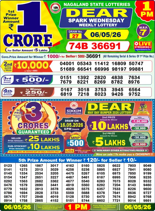 Dear Lottery Result Today 1 PM 06 May 2026