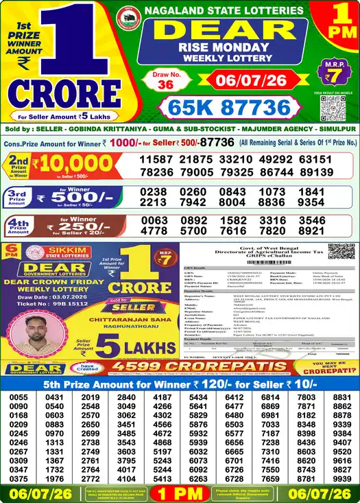 Lottery Sambad 06.07.26 Dear Lottery 1 PM July 06, 2026