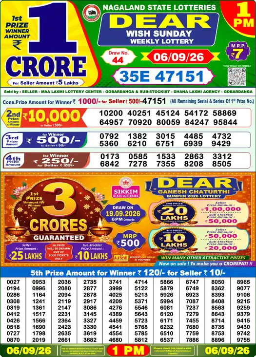 Dear Lottery Result Today 1 PM 06 September 2026