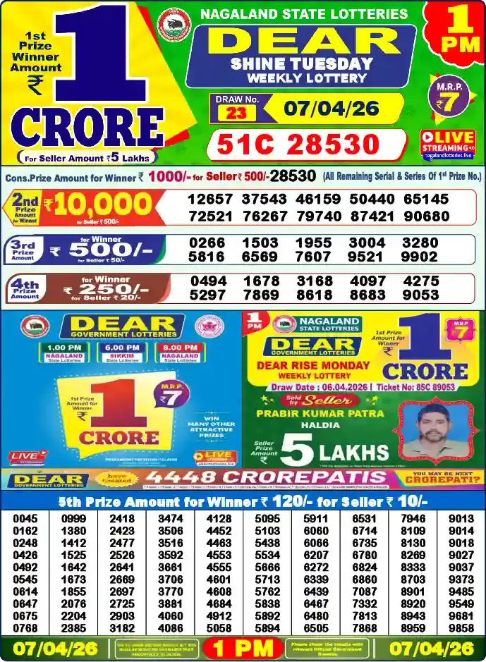 Lottery Sambad 07.04.26 Dear Lottery 1 PM April 07, 2026