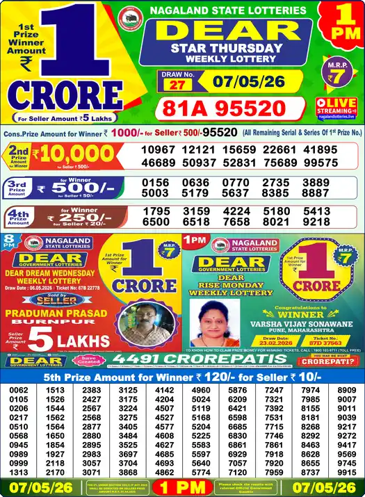 Dear Lottery Result Today 1 PM 07 May 2026