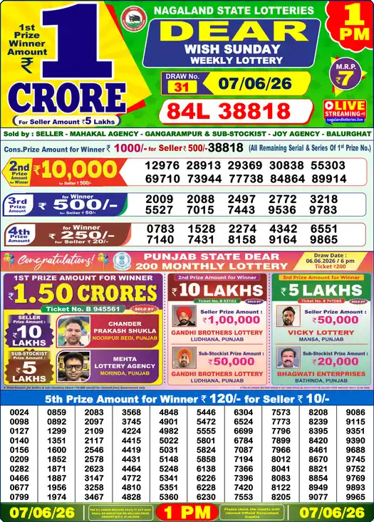 Lottery Sambad 07.06.26 Dear Lottery 1 PM June 07, 2026