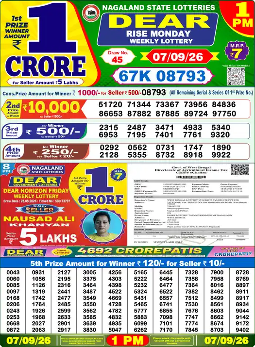 Dear Lottery Result Today 1 PM 07 September 2026
