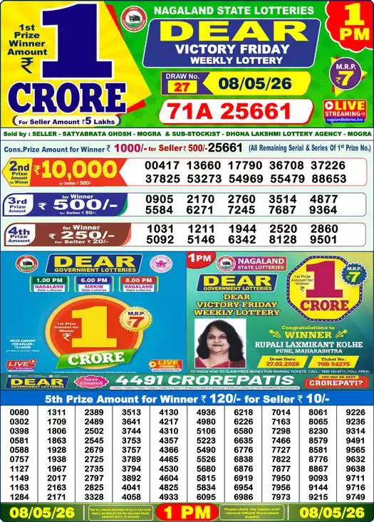 Dear Lottery Result Today 1 PM 08 May 2026