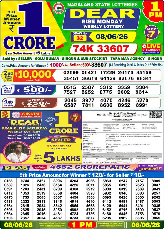 Lottery Sambad 08.06.26 Dear Lottery 1 PM June 08, 2026