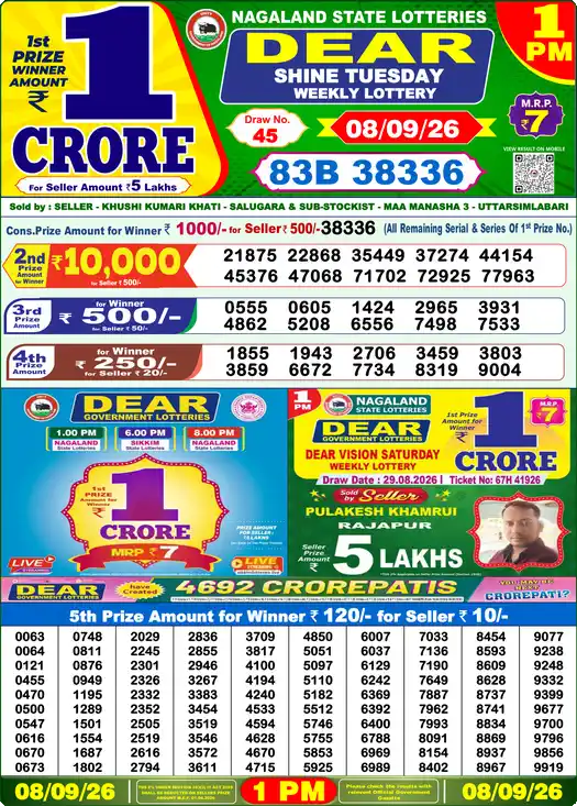 Dear Lottery Result Today 1 PM 08 September 2026