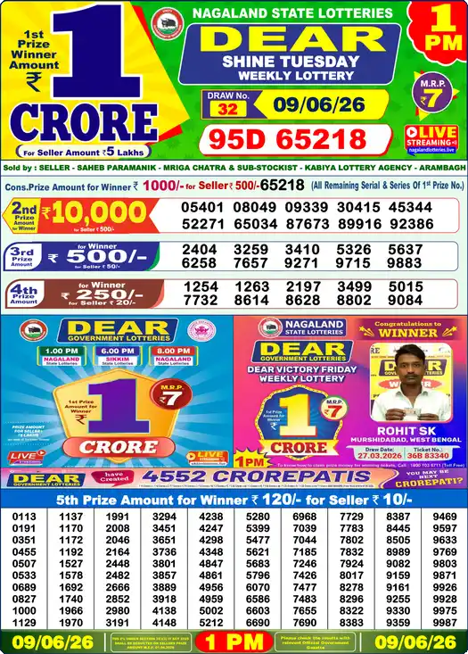 Lottery Sambad 09.06.26 Dear Lottery 1 PM June 09, 2026