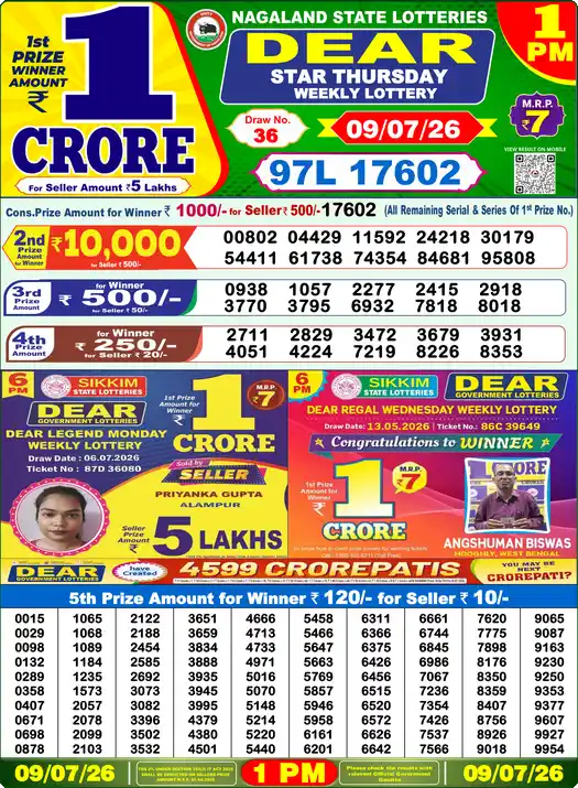 Lottery Sambad 09.07.26 Dear Lottery 1 PM July 09, 2026