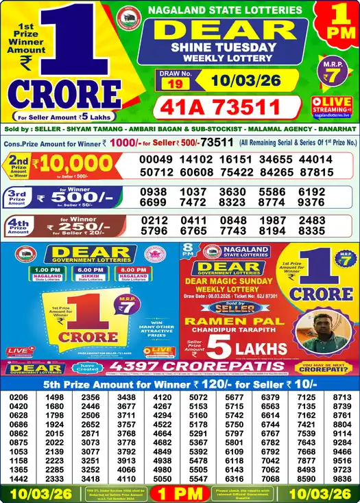 Lottery Sambad 10.03.26 Dear Lottery 1 PM March 10, 2026