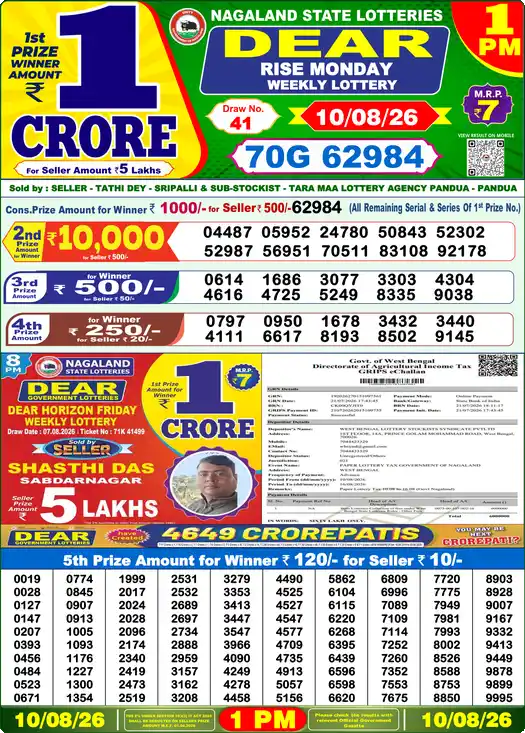 Dear Lottery Result Today 1 PM 10 August 2026