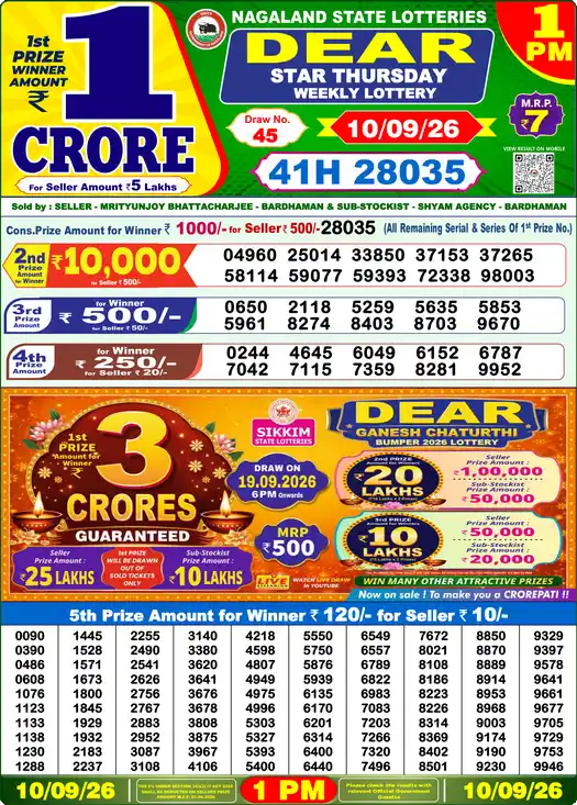 Dear Lottery Result Today 1 PM 10 September 2026