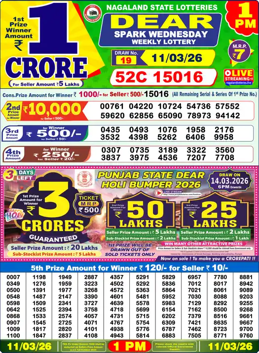 Lottery Sambad 11.03.26 Dear Lottery 1 PM March 11, 2026