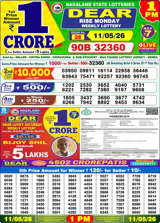 Dear Lottery Result Today 1 PM 11 May 2026