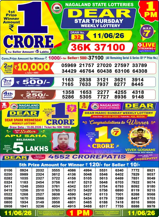 Lottery Sambad 11.06.26 Dear Lottery 1 PM June 11, 2026