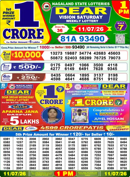 Dear Lottery Result 1 PM 11 July 2026