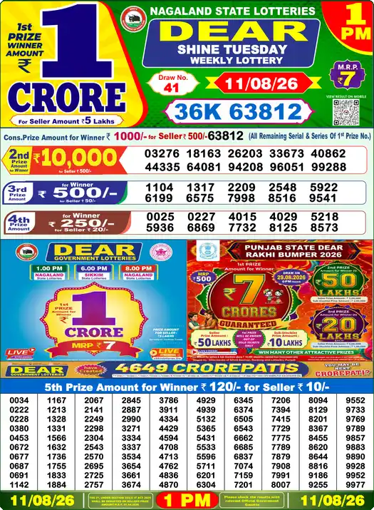Dear Lottery Result Today 1 PM 11 August 2026