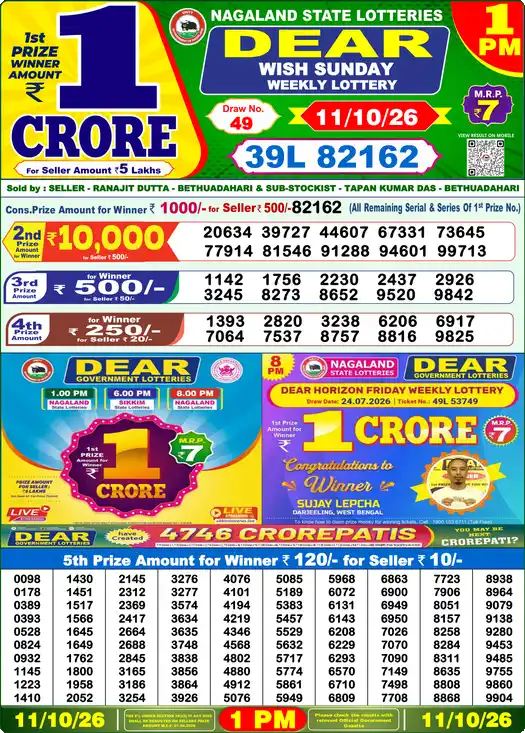 Dear Lottery Result 1 PM 11 October 2026