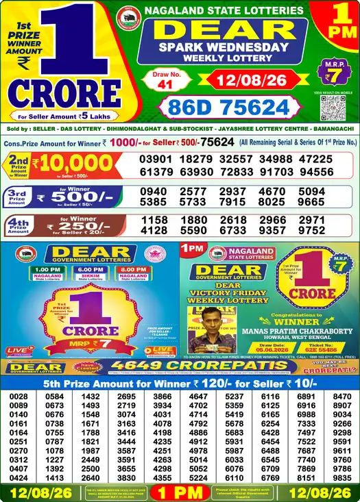 Dear Lottery Result Today 1 PM 12 August 2026